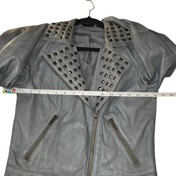 Trouve Womens XS Leather Coat Jacket Grey Studded Moto Asymmetrical Zipper Biker - Picture 10 of 13
